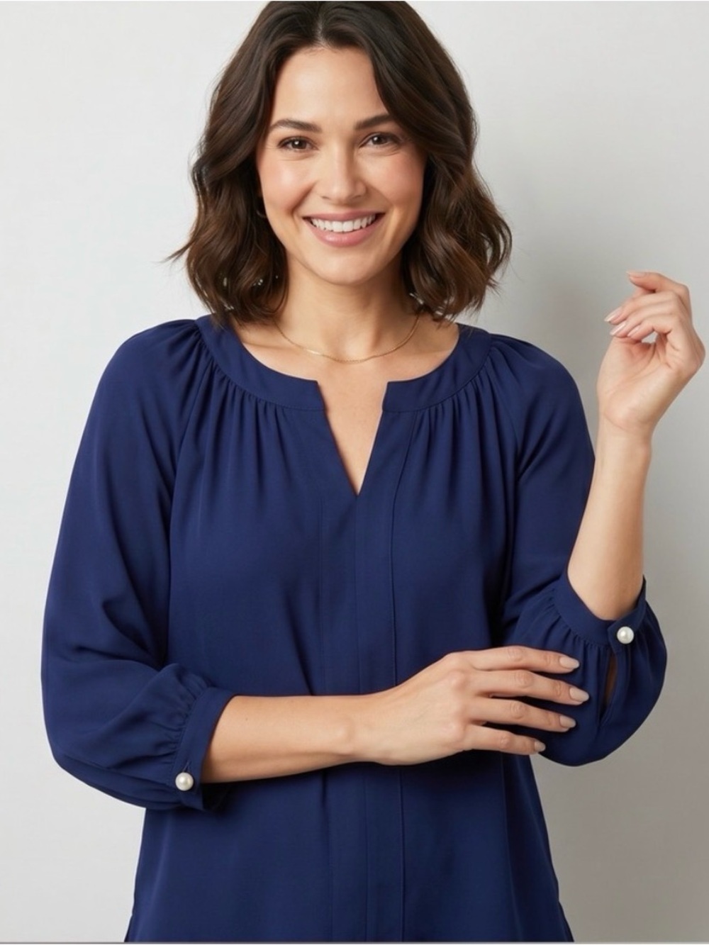 Lily Pulitzer Navy Blue Split Neck Peasant Blouse Pearl Buttons Women’s XS